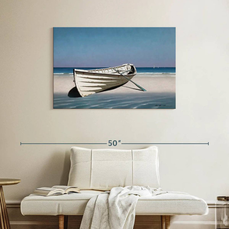 Mehar White Boat On Beach, 26" H x 39" W