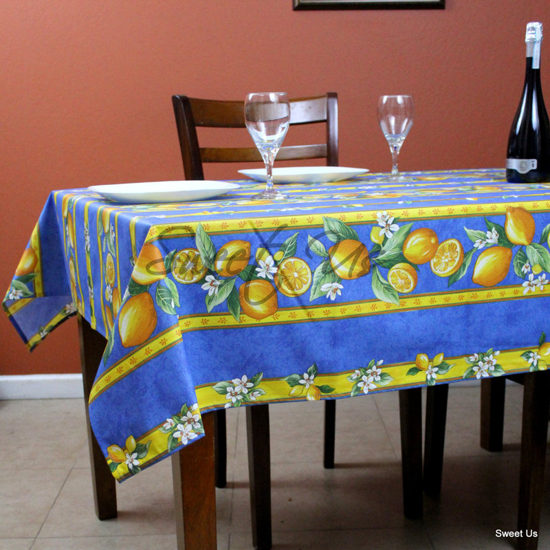 Wipeable Stain Resistant Acrylic Coated Cotton French Provencal Lemon Floral Tablecloth, Blue, 116" L x L60" W