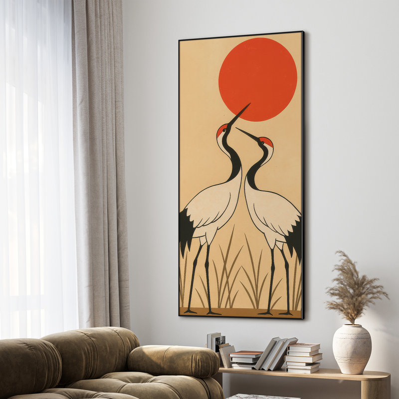 Très grande reproduction d'art sur tissu - Deux grues à couronne rouge sous le soleil rouge, décoration pour le salon ou la chambre à coucher - «Assemblage requis du cadre (cadre non fini)»
