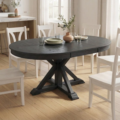 Retro Extendable Dining Table With Butterfly Leaf - Solid Wood Base, Oval/Round Convertible For 6 People