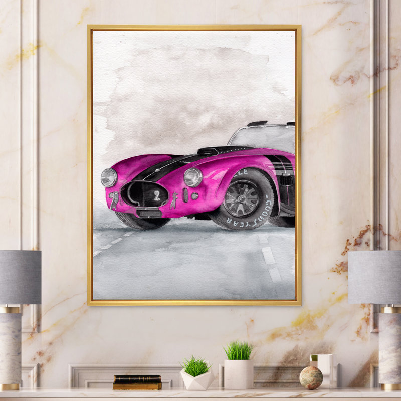 «Beautiful Old Magenta Car on Grey», peinture sur toile, H 44 po x l 34 po x P 1,5 po, Cadre flottant doré