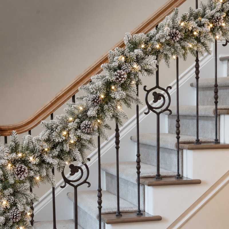 Snowy Stockbridge Pre-Lit 9 Foot. Flocked Garland with Twinkle Lights and Silver Glitter Pinecones