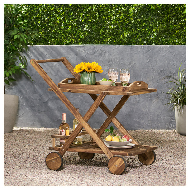 Chariot-bar en bois d'acacia teinté naturel avec roues