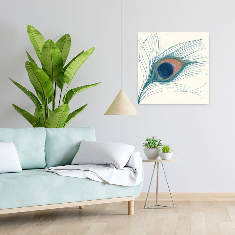 Art contemporain plume de paon bleu avec plumes bleues, H 24 po x l 24 po