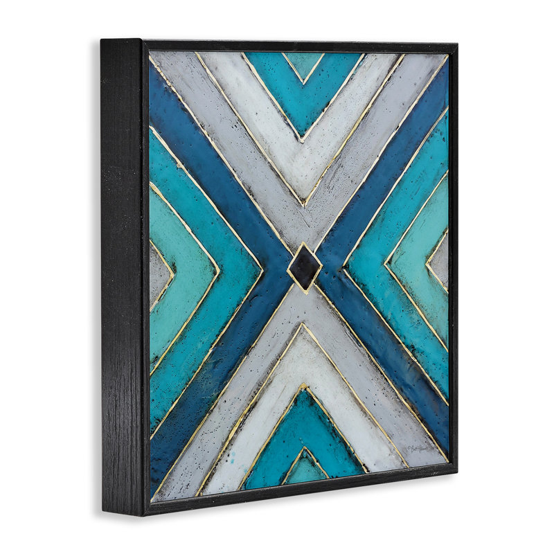 Art géométrique à motif géométrique bleu par Britt Hallowell, Giclée encadrée noir minuit, H 17 po x l 17 po