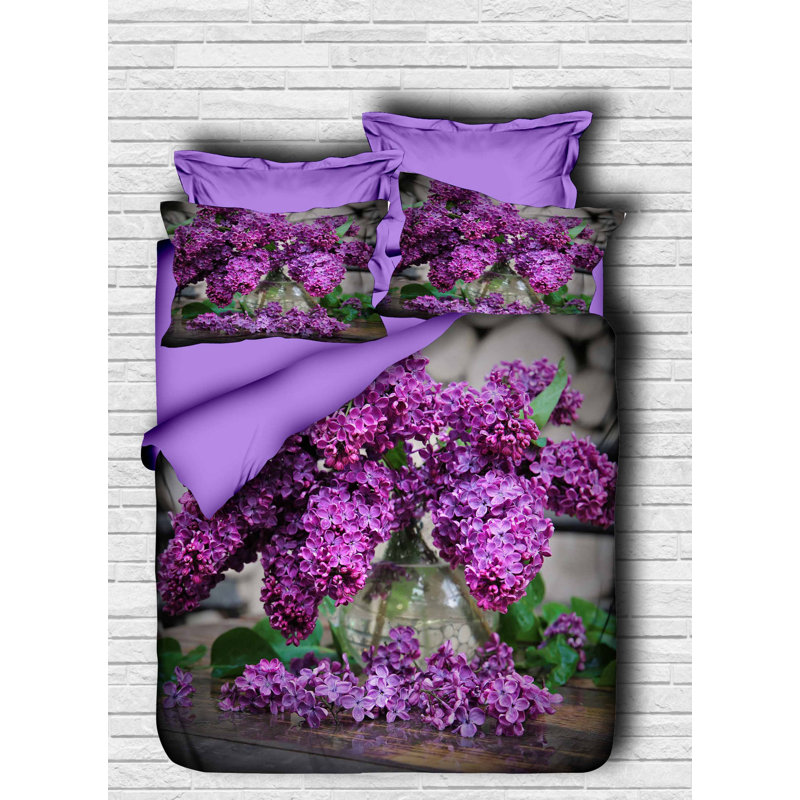 Ensemble de housse de courtepointe luxueuse très grand, 100% polyester de polyester et coton, 94,5 po x 86,6 po | Conception imprimée en 3D en mauve et vert | Lavable à la machine, fermeture à glissière, doux et respirant, parfait pour les chambres m