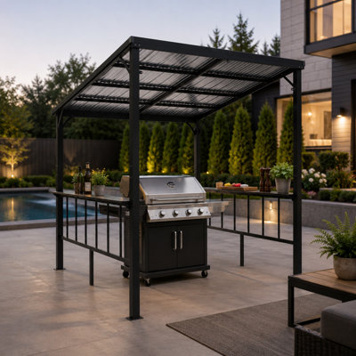 Gazebo de barbecue adossé en métal rigide de 2,4 m x 2,4 m avec 2 tables latérales