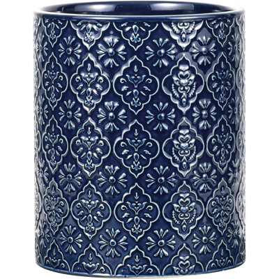 6x7 inch Large Ceramic Utensil Holder (Blue, Embossed Pattern)