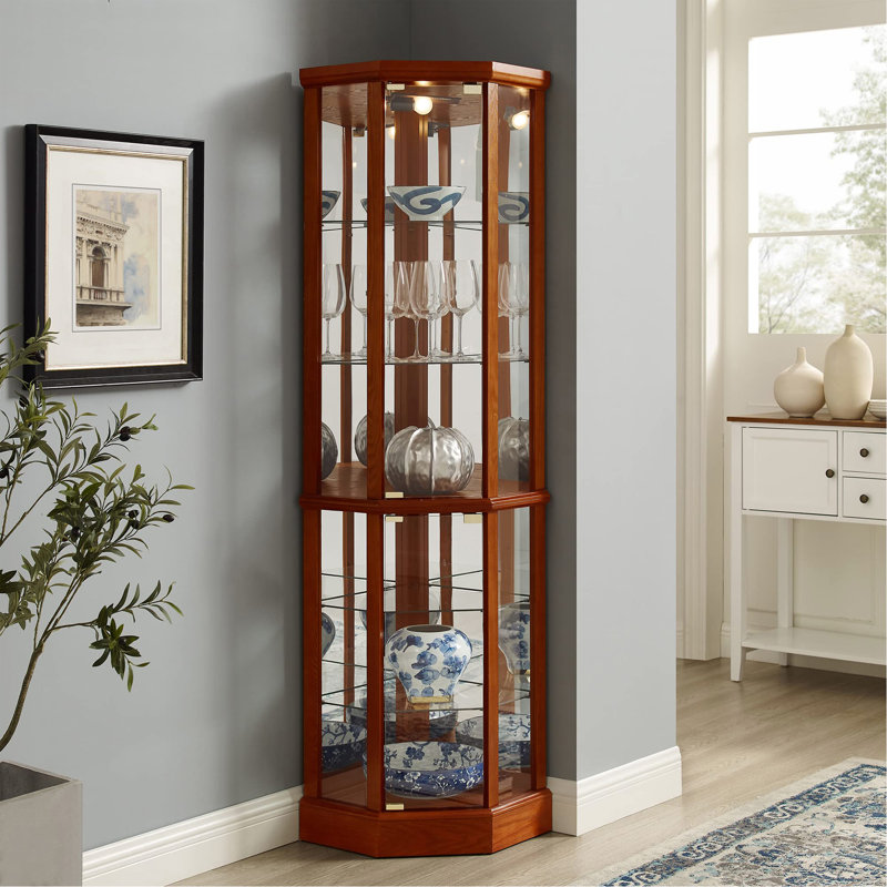 6 Shelf Lighted Corner Curio Cabinet With Adjustable Tempered Glass Shelves And Mirror Back(E26 Light Bulb Not Included), Oak