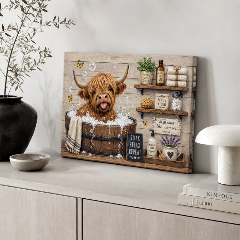 «Highland Cow Bubble Bath», œuvre d'art, impression sur toile encadrée, H 24 po x l 36 po x P 1,5 po, Toile tendue