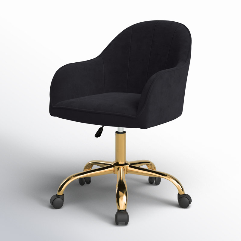 Chaise de bureau en velours Jaylyn avec base en chrome doré, Noir