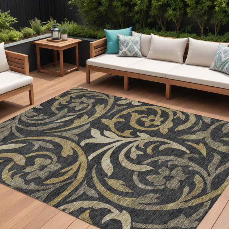 Tapis extérieur lavable floral taupe et doré noir 10 pi x 14 pi