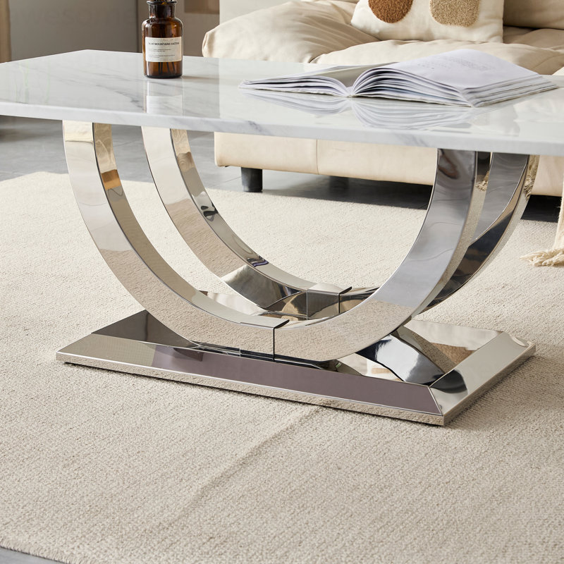50.4 Inch Modern Rectangular Coffee Table,Marble Pattern MDF Top ,Silver Stainless Steel Base.