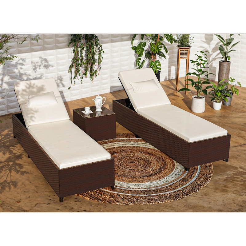 Tyndale 195cm Long Reclining Single Sun Lounger with Cushions and Table, Beige, Brown