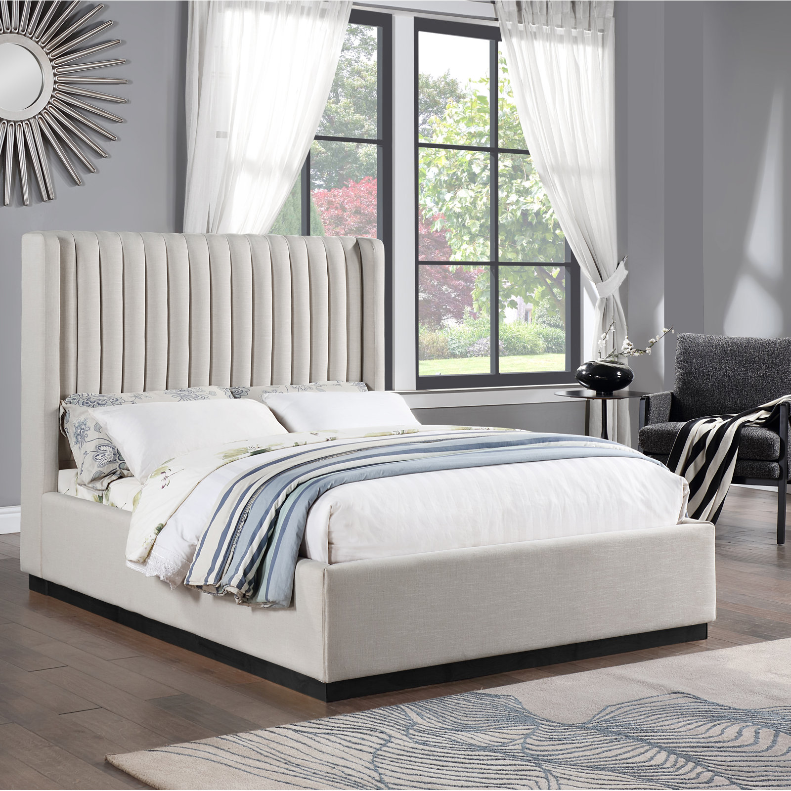 Chamblis Upholstered Wingback Bed, Beige Linen Textured Fabric, Queen