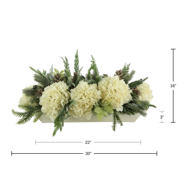 Snowy Evergreen and Hydrangea Holiday Centerpiece