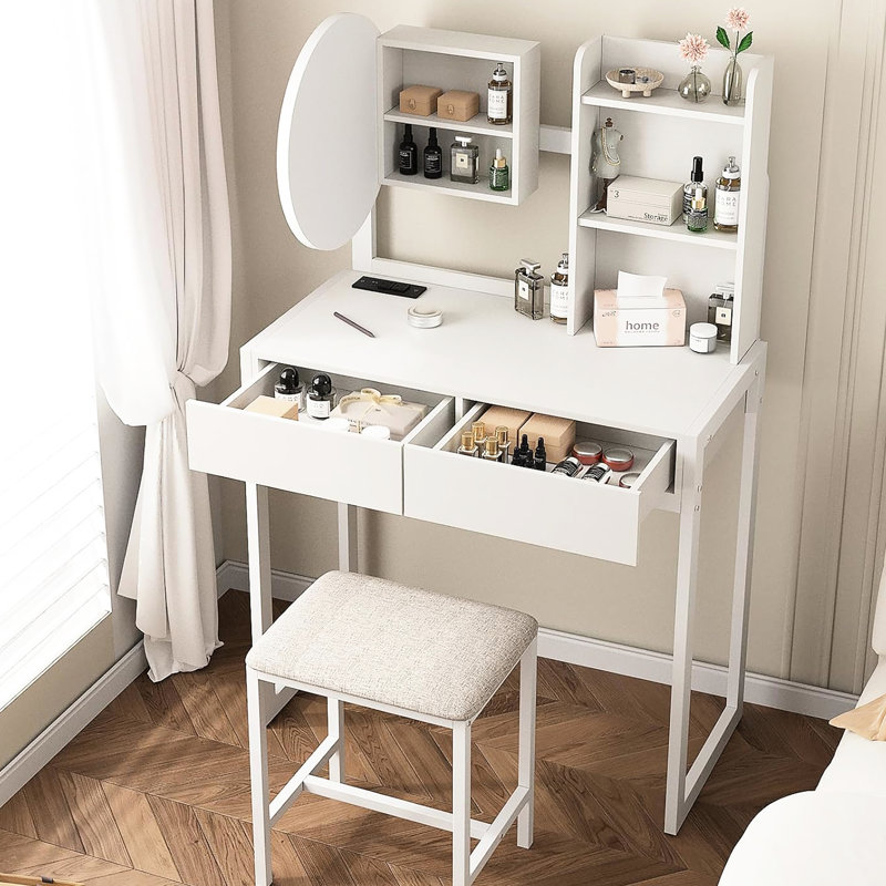 Petite table de coiffeuse avec miroir à DEL tactile, 3 modes d'éclairage, prise de courant, miroir de tiroir et tabouret de chambre à coucher avec tablettes de rangement ouvertes spacieuses