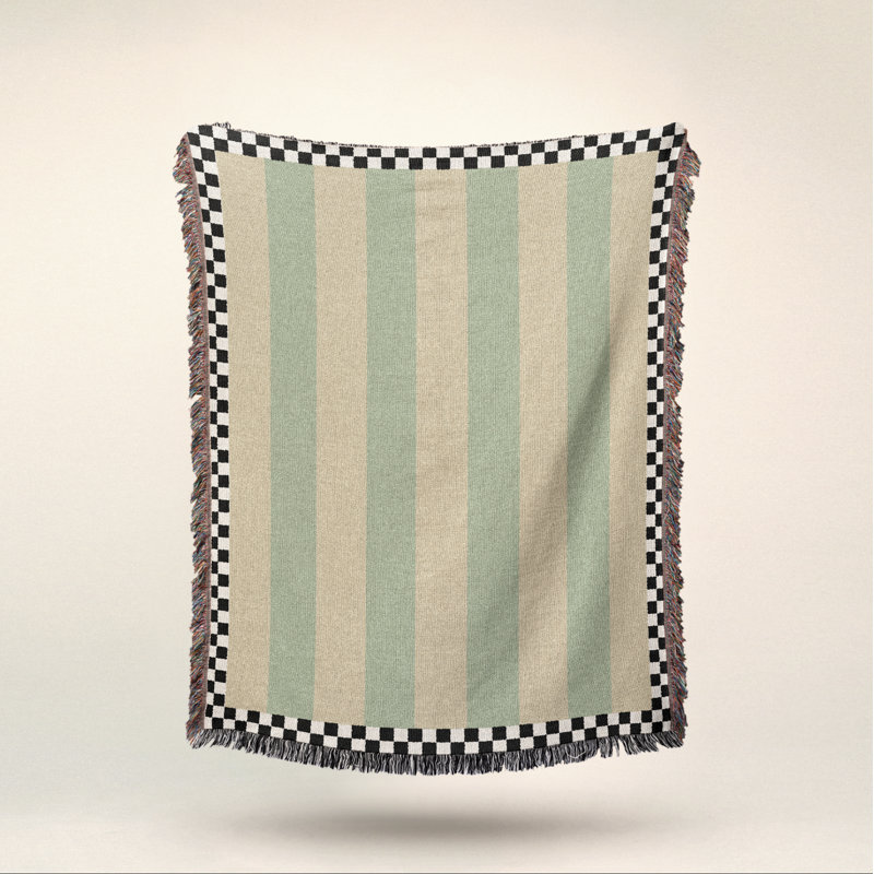 Checkered Border 100% Cotton Woven Blanket, 80" L x 60" W, Green/Cream
