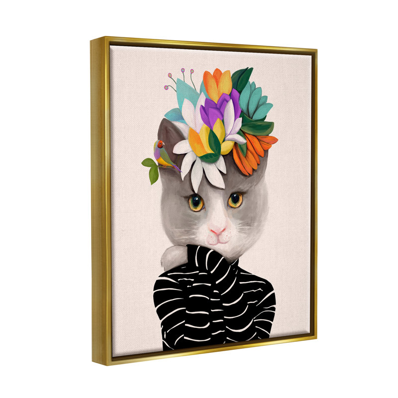 «Bold Floral Design Grey», rayé, art mural par Ioana Horvat, H 31 po x l 25 po x P 1,7 po, Cadre flottant métallique doré