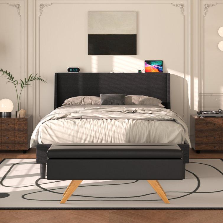 2 Pieces Bedroom Set Bed Frame With Ottoman Storage, Upholstered Platform Bed Frame And Ottoman Set