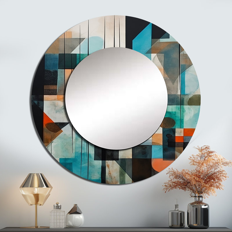 Rainar Orange Abstracted Geometric Explorations I - Geometric Decorative Wall Mirror, Modern Round Mirror, Printed Metal Art