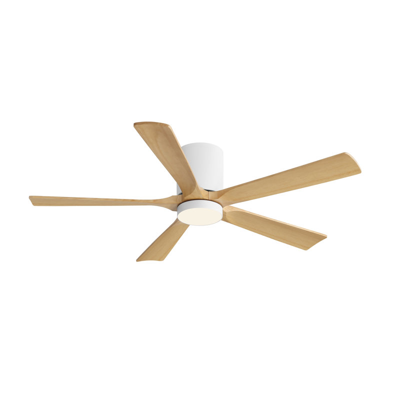 52 In. Indoor Flush Mount Ceiling Fan With Led Light, 5 Solid Wood Blades