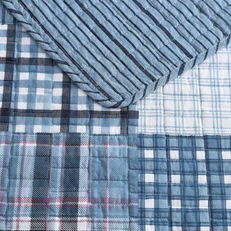 Hawthorne Blue Cotton Twin Reversible Quilt Set