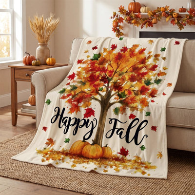 Fall Flannel Blanket Throw, Thanksgiving Orange Green Maple Tree Soft Fuzzy Plush Cozy Fleece Blankets for Couch Sofa Bed Decor, Ideal Gifts for Adults 80x60