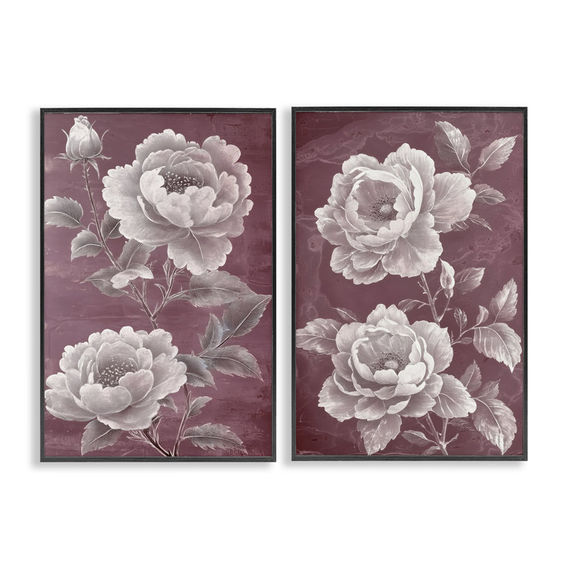 Ensemble de 2 giclées encadrées bourgogne, "Chambermaid Blossoms", design par Annabelle Hall, H 18 po x l 24 po