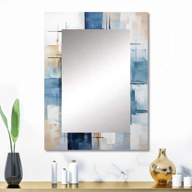 Cerulean Cubism Shapes - Abstract Shapes Wall Mirror, Modern Decorative Mirror, Printed Metal Art, 32" x 24"