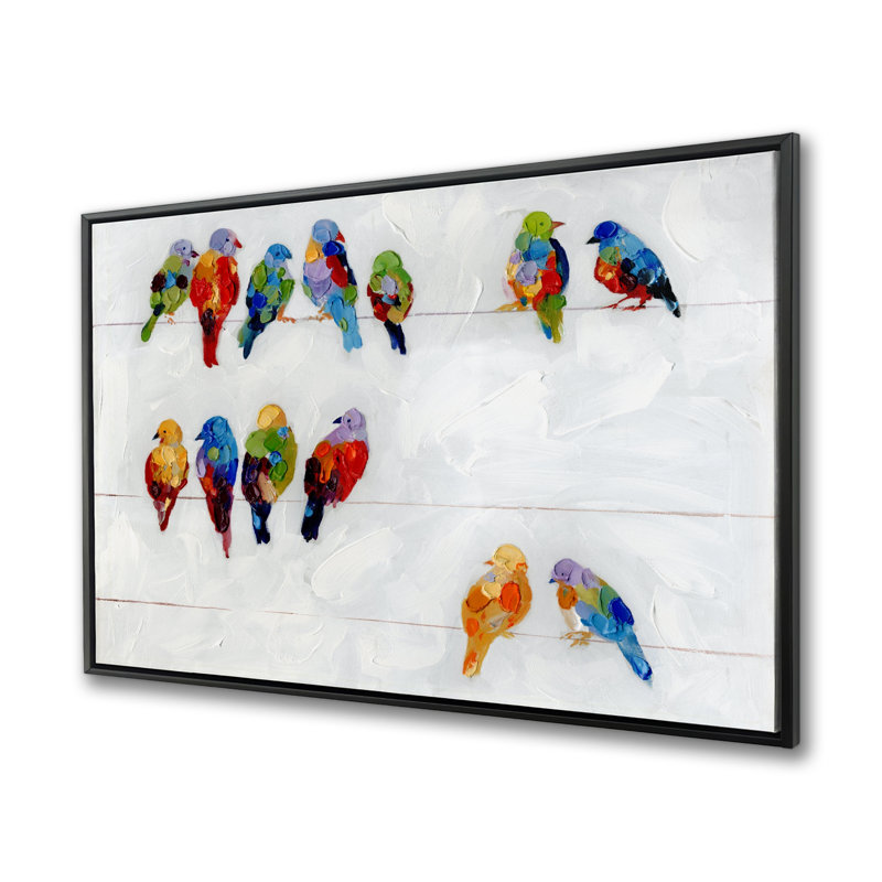 «Colorful Birds on a Wire», art sur toile encadrée orange, H 37,25 po x l 49,25 po