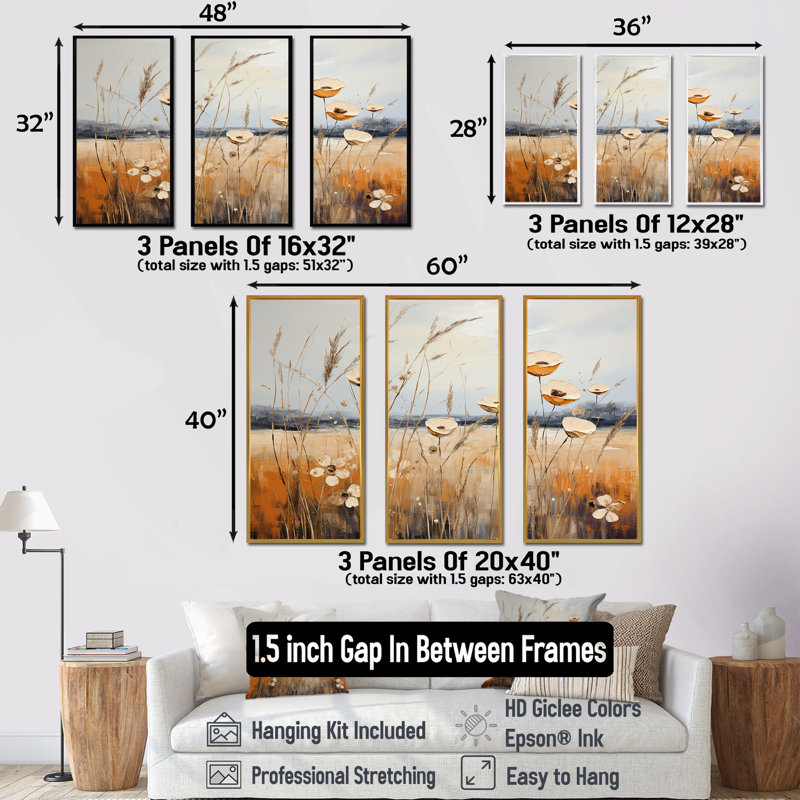 «Infinite Fields Minimalisme Prairies III», ensemble d'art mural sur toile, Cadre flottant doré, H 32 po x l 48 po x P 1 po
