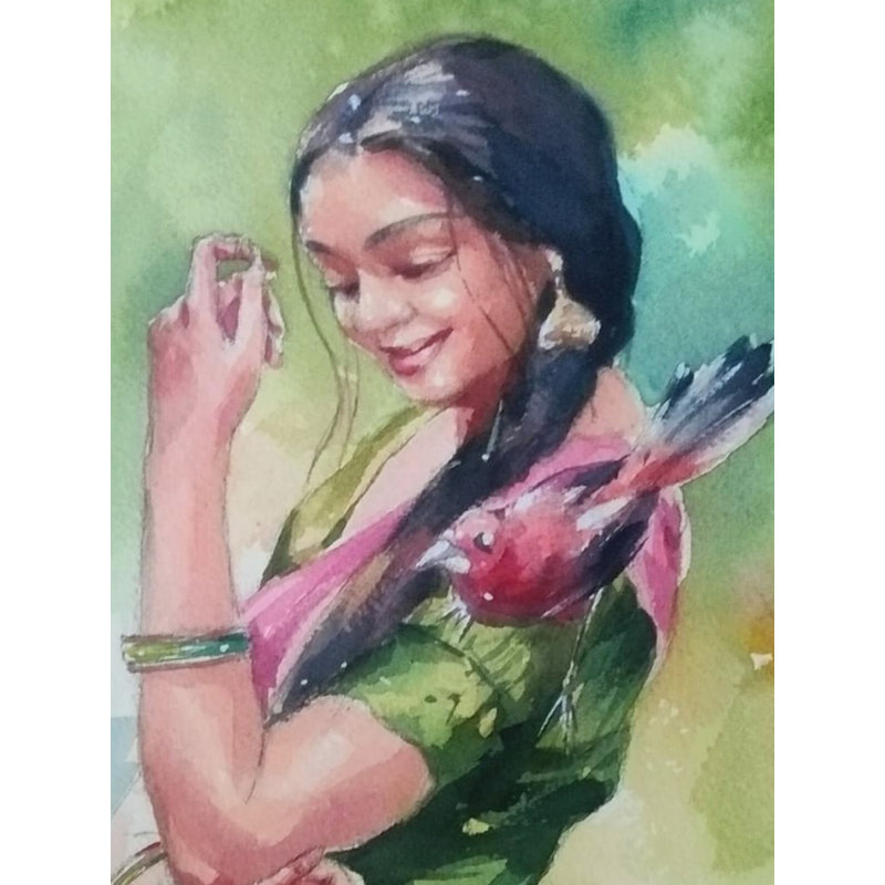 Femme posant avec un oiseau | Aquarelle sur papier | Par Sarat Shaw