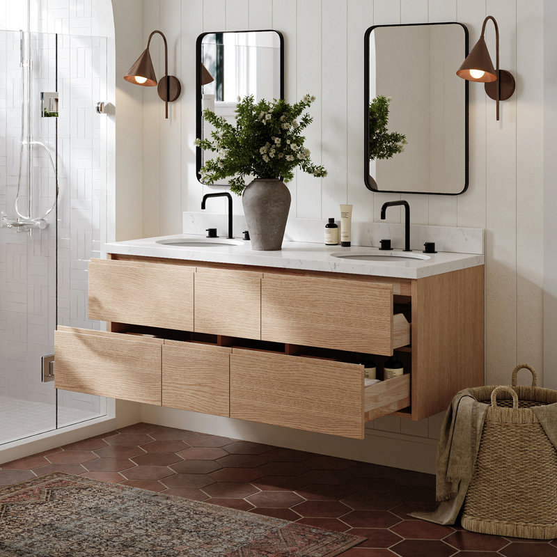   Ensemble de meuble-lavabo mural ovale double 60 po avec comptoir en quartz blanc de Carrare et ensembles de 60 pouces Ensembles