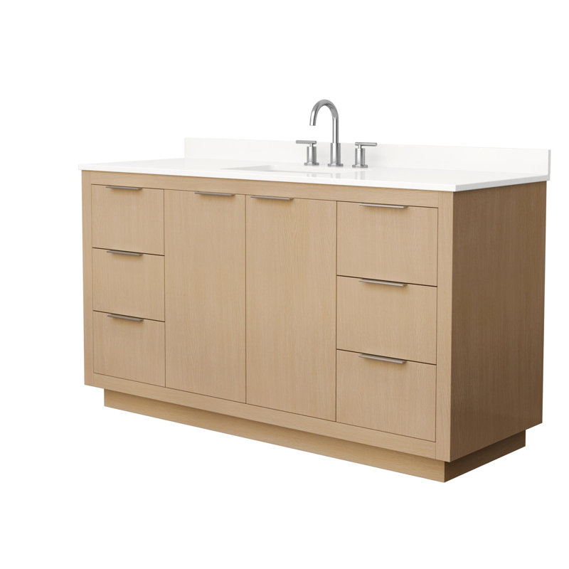 Ensemble de meuble-lavabo simple 60 po avec plateau en quartz Maroni, Quartz Giotto, Nickel brossé, Centre de 8 po