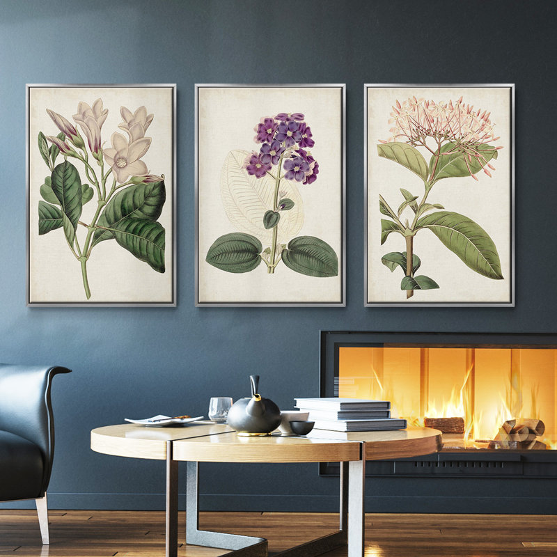 Ensemble de 3 pièces encadrées sur toile Antique Botanical Collection, H 27 po x l 54 po, Argent