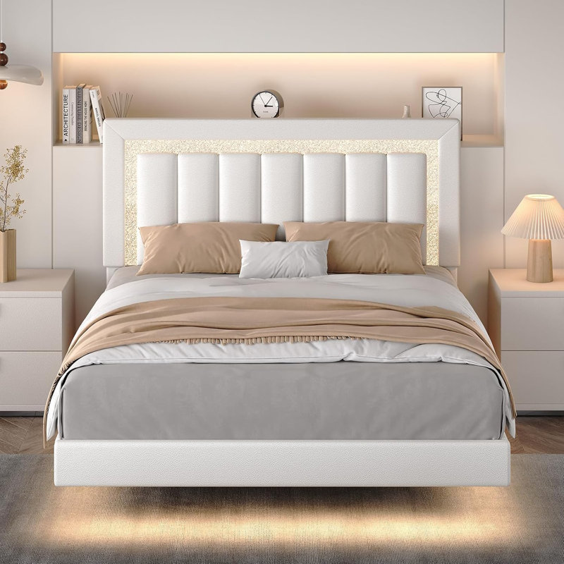 Cadre de lit flottant avec lumières DEL intelligentes, lit plateforme tapissier en similicuir avec tête de lit en polyuréthane