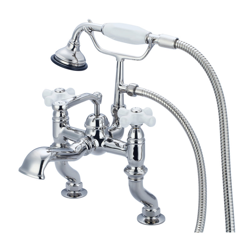 Stonington Deck Tub Spout, Porcelain Cross Handles, Hand Polished, Richly Triple Plated Chrome Finish