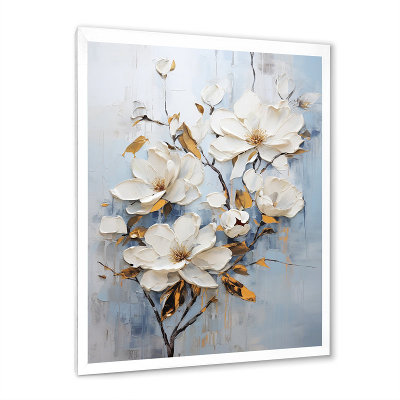 «Magnolias Bloom In White III», reproduction sur toile, Cadre photo blanc, H 40 po x l 30 po