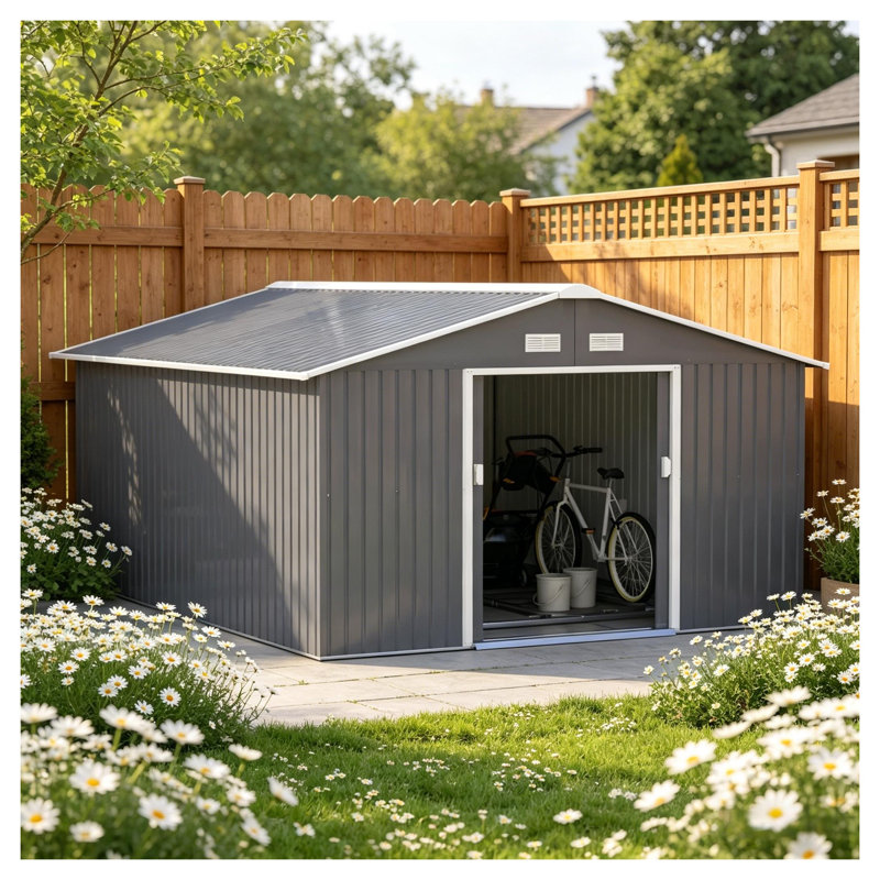 Dark Gray Steel Outdoor Storage Shed with Lockable Doors and Ventilation, Gray