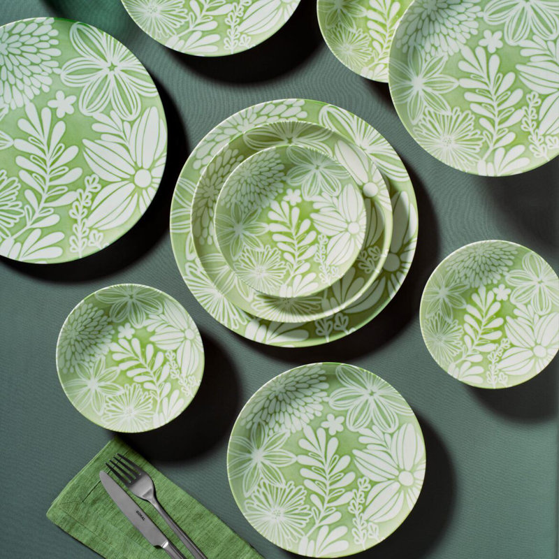 Elegant 18-Piece Dinner Set, Pistachio Green & White, 100% Porcelain | Includes 6 Service Plates (9.8 x 9.8 x 1.2 in), 6 Plates (7.9 x 7.9 x 1.6 in), 6 Bowls (5.9 x 5.9 x 1.8 in) | Dishwasher & Microwave Safe, Perfect for Entertaining