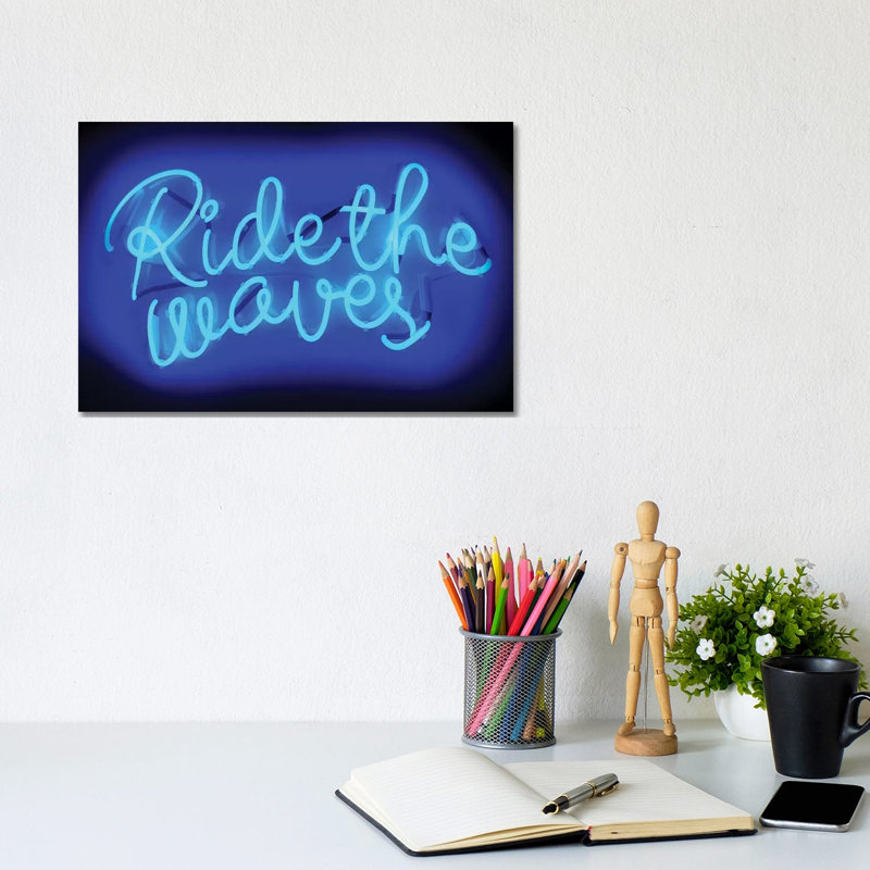 Neon Ride The Waves Blue On Black by Hailey Carr - Wrapped Canvas Print, 20.32 cm H x 30.48 cm W