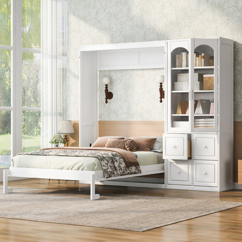 Grand lit escamotable avec armoire réversible de gauche à droite, portes en acrylique, 4 tiroirs et armoires à tablettes de rangement multiples, blanc