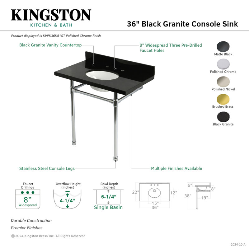 Kingston Brass Dreyfuss 36-Inch Black Granite Console Sink with Stainless Steel Legs (8-Inch, 3-Hole), Polished Nickel