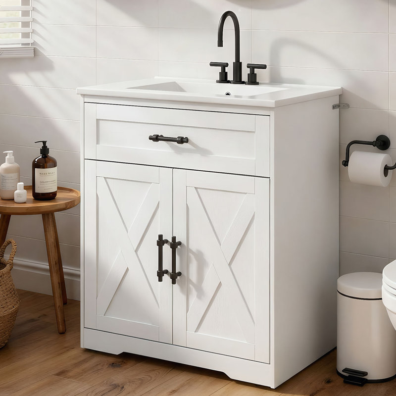 30" Farmhouse Bathroom Vanity With Ceramic Sink, Tilt-Out Drawer & Adjustable Shelf, Grey Finish, Gray