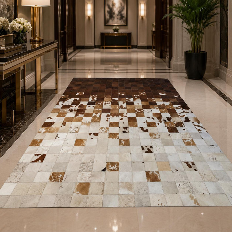 Tapis en cuir de vache ombré à la main à motif patchwork, tapis en cuir véritable, taille personnalisée, 9 x 12 pi