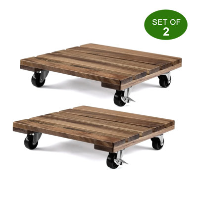 2 Pack 12.6 Inch Wooden Plant Stand With Wheels Square Plant Cart Rolling Cart
