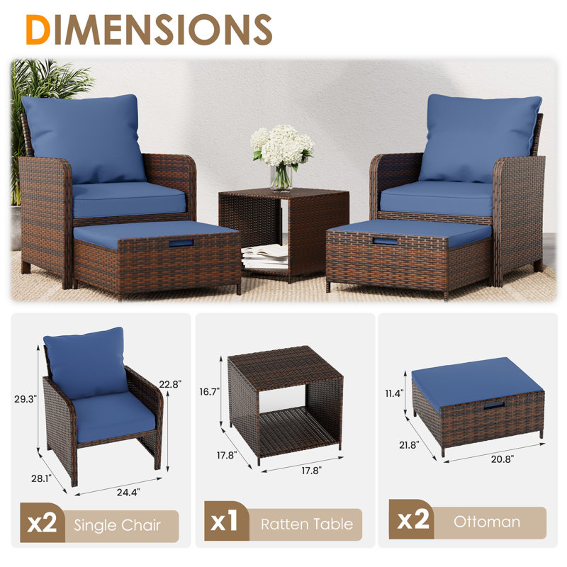 Idamarie Wicker Conversation Set with Ottoman, Blue, Brown