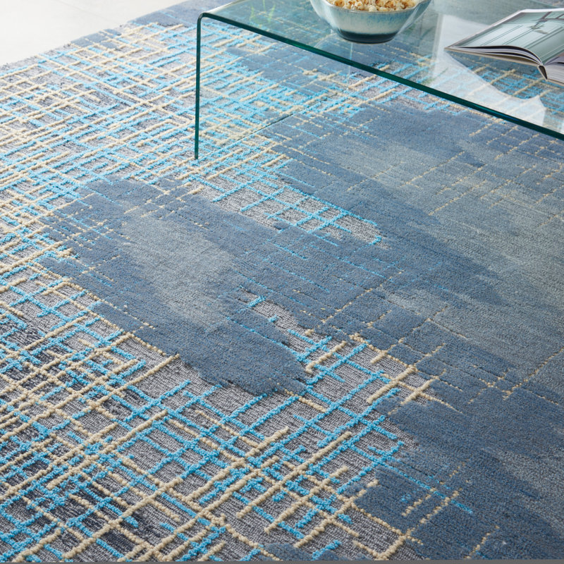 Tapis décoratif bleu/beige Touffeté à la main à motif abstrait LaVonne, Rectangle 3 pi 9 po x 5 pi 9 po