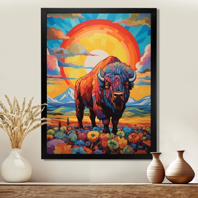 Bison In Floral Mountain Landscape At Sunset II - Buffalo/Bison Animal Wall Art Print